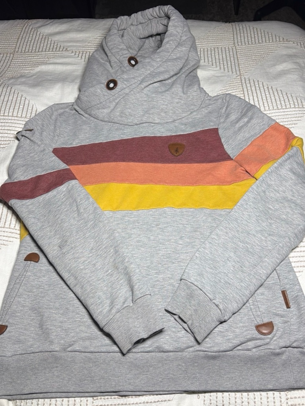Wanakome Gray Funnel Neck Pullover with Maroon, Peach & Yellow Stripes